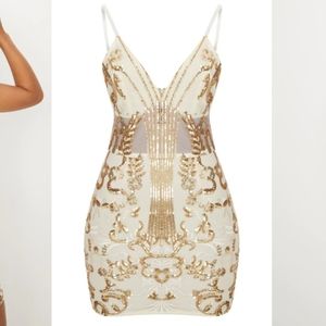 PrettyLittleThing Gold Sheer Strappy Sequin Dress